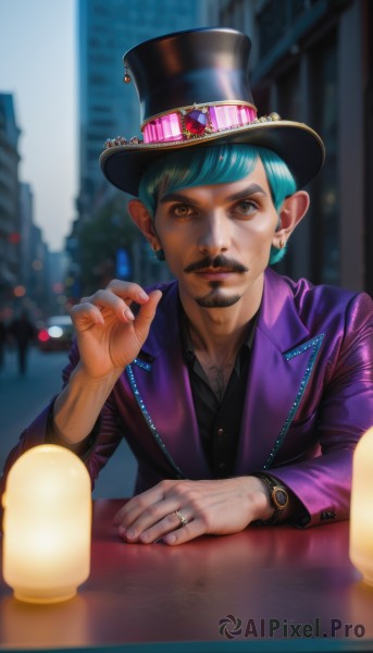 solo,looking at viewer,short hair,blue eyes,shirt,long sleeves,1boy,hat,brown eyes,jewelry,blue hair,jacket,upper body,male focus,earrings,outdoors,blurry,black shirt,black headwear,aqua hair,depth of field,blurry background,facial hair,sunglasses,ring,building,watch,top hat,city,realistic,mustache,wristwatch,purple jacket,lamppost,green hair,lamp