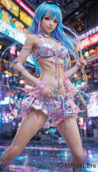 1girl,solo,long hair,breasts,looking at viewer,smile,skirt,navel,jewelry,medium breasts,underwear,blue hair,standing,swimsuit,bikini,multicolored hair,midriff,necklace,nail polish,bra,blurry,bracelet,lips,blurry background,piercing,sunglasses,bikini top only,eyewear on head,realistic,navel piercing,outdoors,shorts,night,watermark,white bikini,goggles,armband,web address,armlet,city,car,belly chain,neon lights