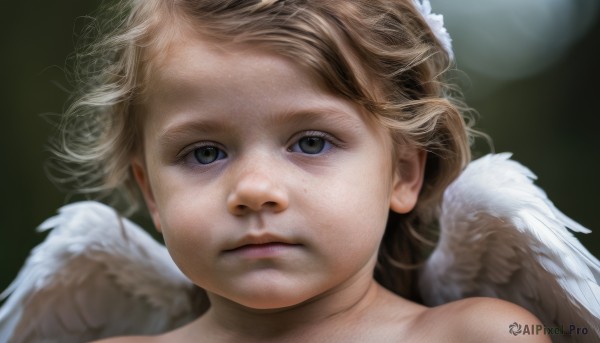 1girl,solo,looking at viewer,short hair,blonde hair,brown hair,closed mouth,wings,blurry,lips,grey eyes,expressionless,messy hair,child,portrait,feathered wings,androgynous,freckles,angel wings,realistic,white wings,angel,hair ornament,black background,close-up