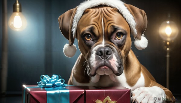 HQ,solo,looking at viewer,hat,brown eyes,blurry,no humans,blurry background,animal,cat,box,christmas,pom pom (clothes),gift,santa hat,dog,realistic,gift box,lamp,animal focus,old,whiskers,fur-trimmed headwear,yellow eyes