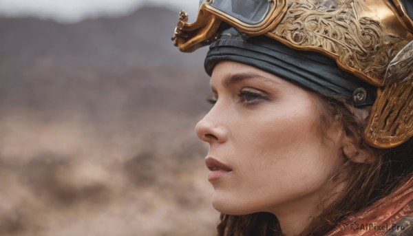 1girl,solo,long hair,blue eyes,brown hair,closed mouth,outdoors,parted lips,blurry,from side,lips,profile,blurry background,helmet,goggles,portrait,realistic,nose,brown eyes,artist name,signature,armor,eyelashes,close-up,looking afar