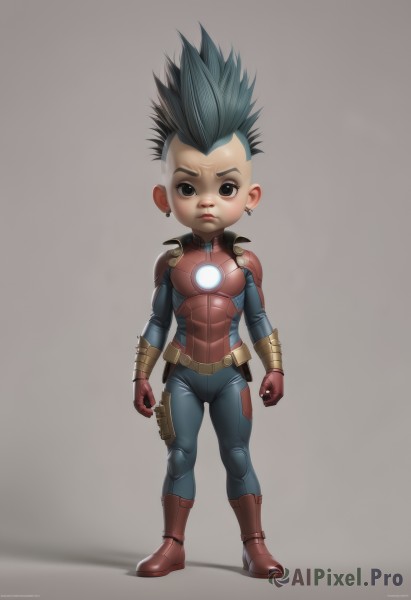 solo,looking at viewer,simple background,black hair,gloves,1boy,brown eyes,jewelry,closed mouth,standing,full body,weapon,male focus,earrings,boots,artist name,signature,grey background,chibi,armor,black eyes,lips,bodysuit,spiked hair,red gloves,clenched hands,superhero,mohawk,1girl,blue hair,belt,red footwear,realistic