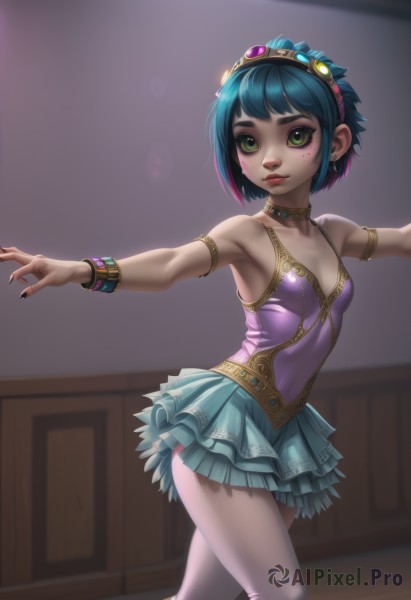 1girl,solo,breasts,looking at viewer,short hair,bangs,skirt,cleavage,bare shoulders,jewelry,closed mouth,green eyes,blue hair,standing,collarbone,pantyhose,multicolored hair,hairband,earrings,small breasts,green hair,choker,indoors,miniskirt,armpits,necklace,nail polish,blurry,bracelet,leotard,lips,makeup,facial mark,outstretched arms,tiara,gem,black nails,web address,armlet,eyeshadow,freckles,white pantyhose,nose,spread arms,eyeliner,dancing,purple leotard,mascara,pink leotard,ballerina,ballet,tutu,hair ornament,fingernails,realistic