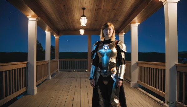 1girl,solo,long hair,blonde hair,gloves,standing,sky,armor,night,glowing,shoulder armor,star (sky),night sky,clenched hands,starry sky,pauldrons,breastplate,vambraces,short hair,blue eyes,brown hair,brown eyes,lips,bodysuit,lantern,nose,superhero