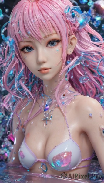 1girl,solo,long hair,breasts,looking at viewer,bangs,blue eyes,hair ornament,cleavage,bare shoulders,jewelry,medium breasts,closed mouth,swimsuit,upper body,pink hair,bikini,earrings,shiny,artist name,water,necklace,blurry,lips,white bikini,cross,gem,pendant,o-ring,partially submerged,realistic,collarbone,small breasts,eyelashes,floating hair,watermark,expressionless,freckles,fish,bubble,water drop,pink lips,nose,cross necklace