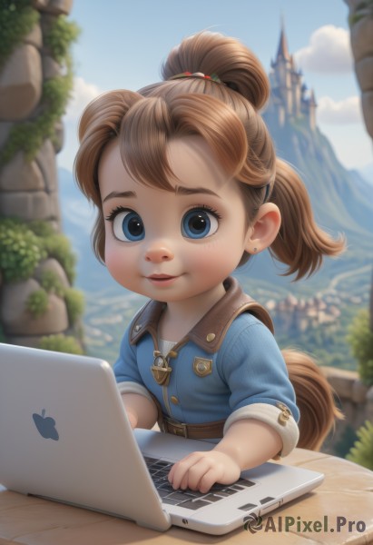 1girl,solo,looking at viewer,smile,blue eyes,brown hair,shirt,jewelry,jacket,upper body,ponytail,earrings,outdoors,parted lips,sky,day,belt,cloud,blurry,blue sky,lips,blurry background,aged down,blue shirt,child,sleeves rolled up,freckles,mountain,female child,computer,castle,laptop,short hair,tail,eyelashes,depth of field,zipper,nose,stud earrings