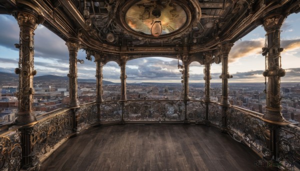 outdoors,sky,day,cloud,no humans,window,sunlight,cloudy sky,building,scenery,sunset,wooden floor,city,fantasy,railing,clock,cityscape,architecture,bridge,gears,tower,landscape,steampunk,blue sky,horizon,pillar