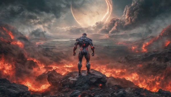 solo, 1boy, standing, male focus, sky, cloud, armor, muscular, glowing, moon, cloudy sky, fire, glowing eyes, science fiction, molten rock