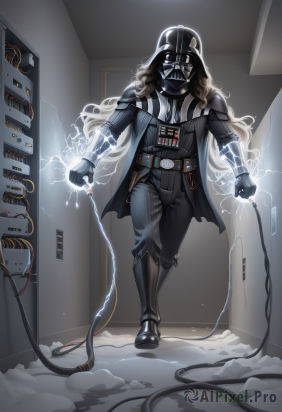 1girl,solo,long hair,brown hair,gloves,holding,standing,full body,weapon,striped,belt,cape,armor,cosplay,bodysuit,mask,glowing,helmet,glowing eyes,walking,science fiction,electricity,cable,gas mask,wire,tube,1boy,male focus,boots,lightning