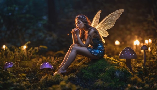 1girl,solo,long hair,brown hair,black hair,dress,holding,bare shoulders,sitting,closed eyes,outdoors,wings,barefoot,sleeveless,pointy ears,blurry,from side,tree,bare legs,night,depth of field,blurry background,blue dress,short dress,grass,instrument,nature,forest,realistic,fantasy,music,fairy wings,fairy,mushroom,playing instrument,bokeh,flute,breasts,scenery