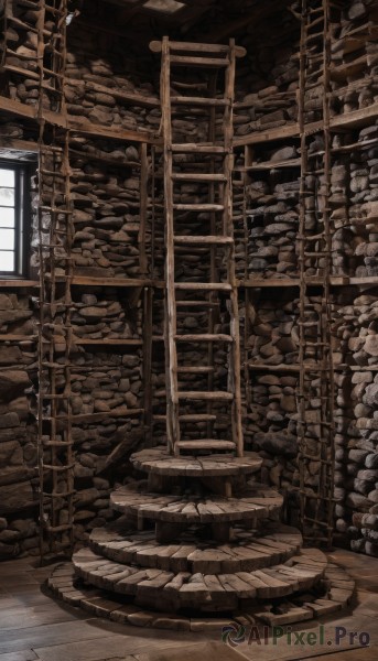 monochrome,indoors,no humans,window,scenery,wooden floor,stairs,ruins,sepia,brown theme,wood,solo,signature,wall