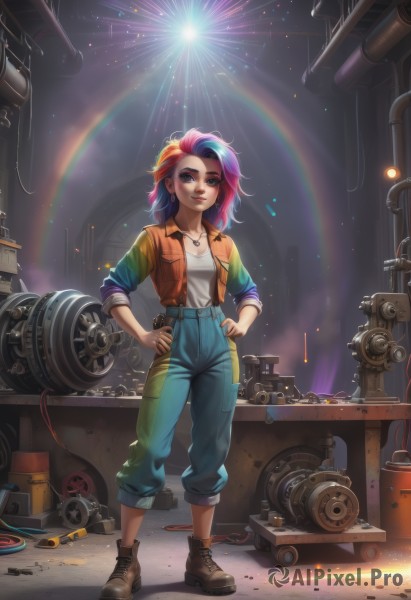 1girl,solo,long hair,breasts,looking at viewer,smile,shirt,long sleeves,cleavage,brown eyes,jewelry,medium breasts,closed mouth,standing,collarbone,jacket,full body,white shirt,pink hair,purple hair,multicolored hair,earrings,small breasts,boots,open clothes,shoes,belt,pants,artist name,signature,necklace,two-tone hair,open jacket,lips,streaked hair,makeup,watermark,brown footwear,denim,lipstick,web address,pendant,sleeves rolled up,eyeshadow,personification,legs apart,pocket,hands on hips,jeans,light rays,nose,blue pants,ankle boots,overalls,cable,rainbow,jumpsuit,sleeves pushed up,spotlight,pants rolled up,rainbow hair,short hair,blue eyes,blue hair,red hair,head tilt,piercing,ear piercing,multicolored clothes,cross-laced footwear,broken,orange jacket,nose piercing,eyebrow piercing