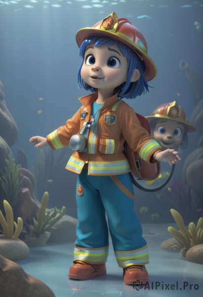 1girl,solo,smile,short hair,open mouth,bangs,blue eyes,shirt,hair ornament,long sleeves,hat,blue hair,standing,jacket,full body,boots,open clothes,shoes,belt,pants,artist name,water,bag,open jacket,animal,watermark,brown footwear,sunlight,backpack,blue shirt,plant,child,fish,brown jacket,rock,blue pants,female child,badge,ripples,whistle,aquarium,blush,parted lips,lips,thick eyebrows,helmet,red footwear,walking,light rays,underwater,coral