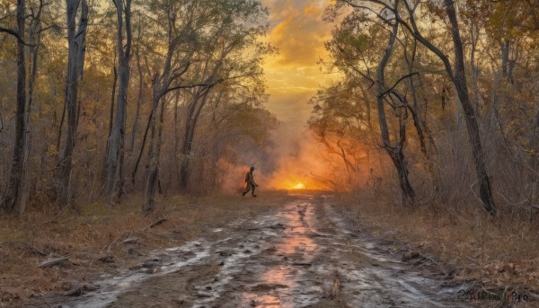 solo,1boy,standing,weapon,outdoors,sky,sword,cloud,water,cape,tree,sunlight,nature,scenery,1other,forest,walking,sunset,sun,silhouette,bare tree,ambiguous gender,male focus,ocean,cloudy sky,fire,landscape,orange sky