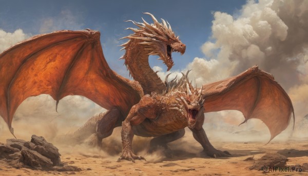 open mouth,red eyes,tail,outdoors,wings,horns,sky,teeth,day,tongue,cloud,blue sky,no humans,fangs,cloudy sky,sharp teeth,claws,spikes,smoke,monster,rock,fantasy,sand,dragon,scales,desert,dust,dust cloud,solo