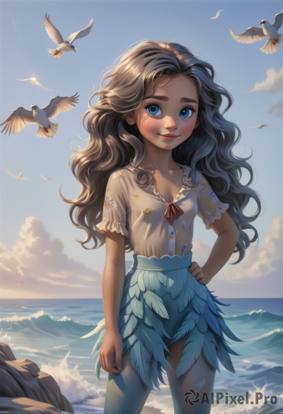 1girl,solo,long hair,breasts,looking at viewer,blush,smile,blue eyes,skirt,brown hair,shirt,black hair,cleavage,closed mouth,standing,collarbone,white shirt,short sleeves,cowboy shot,small breasts,outdoors,sky,day,artist name,cloud,signature,water,blue sky,lips,blue skirt,hand on hip,bird,ocean,animal,wavy hair,beach,thick eyebrows,cloudy sky,feathers,blouse,child,backlighting,arm at side,rock,nose,horizon,waves,seagull,ribbon,red ribbon,floral print,sunlight,frilled sleeves,wind,freckles,curly hair