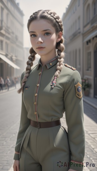 1girl,solo,long hair,breasts,looking at viewer,smile,blue eyes,brown hair,long sleeves,twintails,jewelry,closed mouth,standing,jacket,braid,cowboy shot,earrings,outdoors,solo focus,day,belt,pants,blurry,uniform,twin braids,lips,grey eyes,military,military uniform,buttons,blurry background,piercing,building,ear piercing,green jacket,city,realistic,arms at sides,road,grey pants,street,green pants,medium breasts,parted lips,depth of field,sunlight,thick eyebrows,forehead,belt buckle,nose,badge,military jacket,soldier