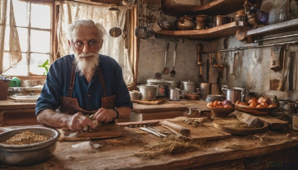 solo,looking at viewer,shirt,long sleeves,1boy,holding,upper body,white hair,male focus,food,glasses,day,collared shirt,indoors,window,fruit,facial hair,scar,table,sunlight,bottle,blue shirt,knife,curtains,beard,plate,sleeves rolled up,bowl,realistic,spoon,round eyewear,mustache,basket,old,old man,cooking,kitchen,jar,vegetable,counter,kitchen knife,wrinkled skin,cutting board,tools,onion,closed mouth,artist name,signature,apron,cup,bandages,plant,bandaid,watch,mug,holding knife,carrot,bread,sleeves pushed up,tomato,bandaid on hand,stove,potato,wood