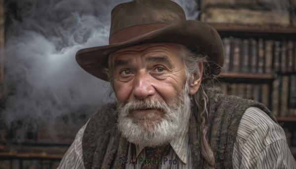 solo,long hair,looking at viewer,shirt,1boy,hat,brown eyes,white shirt,upper body,white hair,grey hair,male focus,necktie,striped,collared shirt,indoors,blurry,vest,grey eyes,book,blurry background,facial hair,portrait,beard,vertical stripes,striped shirt,realistic,mustache,brown headwear,bookshelf,manly,old,old man,vertical-striped shirt,library,closed mouth,black eyes,grey shirt,brown vest,pinstripe pattern,brown necktie