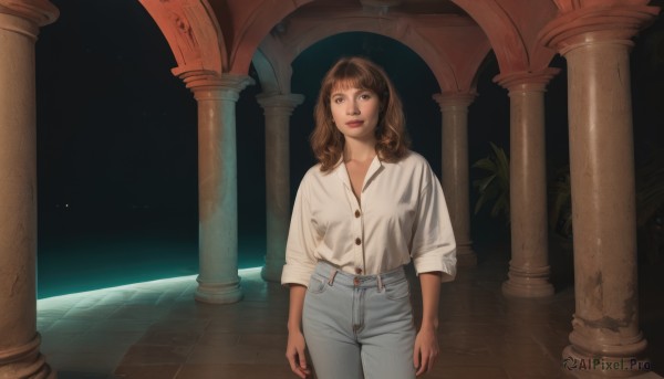 1girl,solo,long hair,looking at viewer,smile,bangs,brown hair,shirt,long sleeves,brown eyes,closed mouth,standing,white shirt,cowboy shot,collared shirt,pants,indoors,lips,looking to the side,buttons,plant,denim,sleeves rolled up,jeans,arms at sides,blue pants,shirt tucked in,pillar,arch,high-waist pants,column,jewelry,parted lips,blunt bangs,medium hair,dress shirt,looking away,realistic,white pants,red lips,space,partially unbuttoned,planet