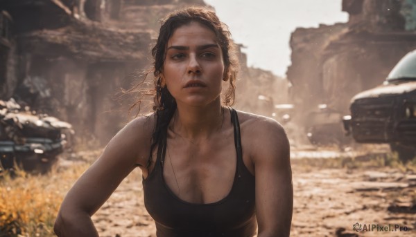 1girl,solo,long hair,breasts,looking at viewer,brown hair,black hair,cleavage,bare shoulders,brown eyes,medium breasts,collarbone,upper body,earrings,outdoors,parted lips,day,dark skin,blurry,dark-skinned female,lips,blurry background,tank top,ground vehicle,motor vehicle,freckles,sports bra,realistic,car,dirty,very dark skin,dreadlocks,teeth,military vehicle,tank