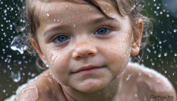 1girl,solo,looking at viewer,short hair,blue eyes,blonde hair,closed mouth,nude,water,blurry,lips,wet,portrait,close-up,bubble,water drop,realistic,nose,wet hair,brown hair,1boy,male focus,eyelashes,freckles,rain