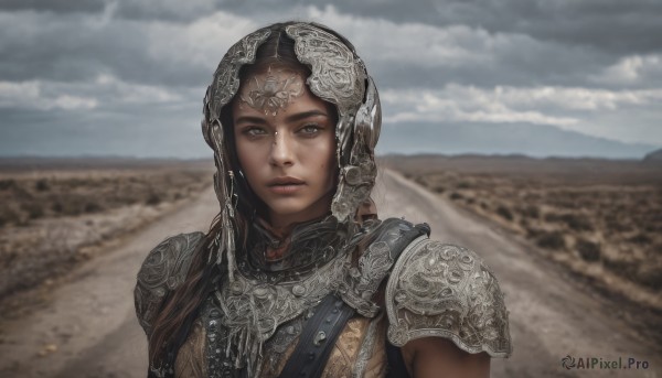 1girl,solo,long hair,looking at viewer,blue eyes,brown hair,closed mouth,upper body,outdoors,sky,day,cloud,armor,blurry,lips,grey eyes,blurry background,helmet,cloudy sky,shoulder armor,portrait,freckles,pauldrons,breastplate,realistic,desert,chainmail,black hair,dark skin,mole,dark-skinned female,mole under mouth,sand