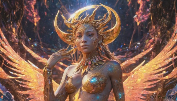 1girl,solo,long hair,breasts,looking at viewer,blue eyes,blonde hair,cleavage,bare shoulders,jewelry,medium breasts,upper body,parted lips,wings,horns,solo focus,hand up,armor,lips,glowing,halo,gem,feathered wings,angel,bikini armor,gold,yellow wings,gold armor,earrings,colored skin,facial mark,realistic,headdress