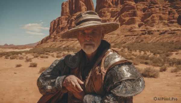 solo,looking at viewer,long sleeves,1boy,hat,closed mouth,upper body,grey hair,male focus,outdoors,sky,day,cloud,armor,blue sky,facial hair,shoulder armor,beard,pauldrons,sand,old,old man,desert,chainmail,closed eyes,facing viewer,realistic