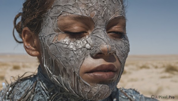 1girl,solo,brown hair,closed eyes,outdoors,day,artist name,armor,blurry,lips,blurry background,helmet,portrait,realistic,desert,closed mouth,sky,blue sky,half-closed eyes,close-up