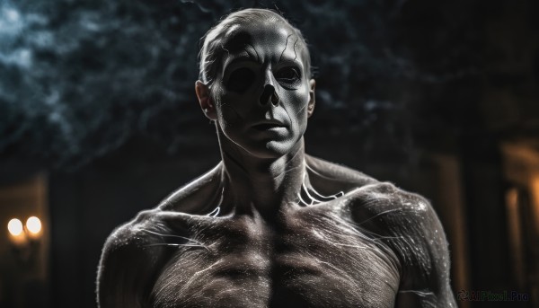 solo,looking at viewer,1boy,closed mouth,collarbone,upper body,male focus,outdoors,blurry,mask,muscular,night,blurry background,parody,facing viewer,meme,realistic,bald,manly,short hair,nude,sky,shaded face,building,night sky,topless male