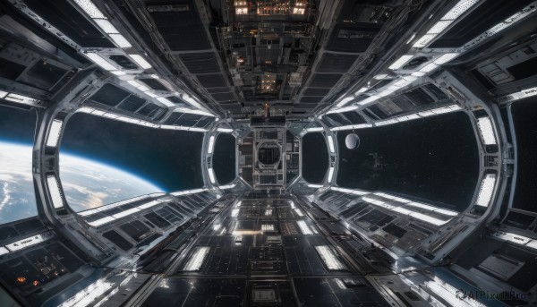 no humans,window,building,star (sky),scenery,reflection,science fiction,space,planet,earth (planet),spacecraft,indoors,english text,machinery,realistic,cable