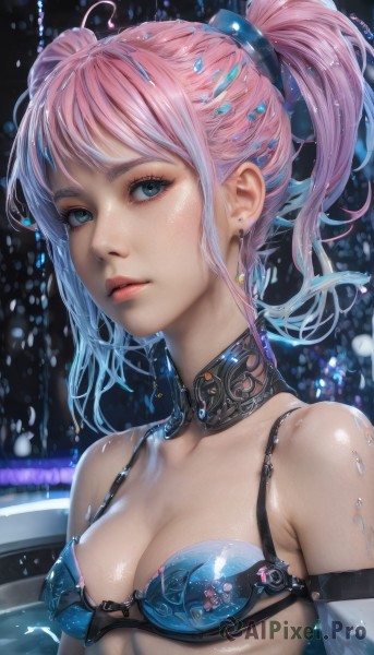 1girl,solo,breasts,looking at viewer,short hair,bangs,blue eyes,hair ornament,cleavage,bare shoulders,twintails,jewelry,medium breasts,closed mouth,underwear,blue hair,collarbone,swimsuit,upper body,ponytail,pink hair,sidelocks,bikini,multicolored hair,earrings,small breasts,choker,shiny,signature,water,bra,lips,wet,shiny skin,eyelashes,gradient hair,makeup,detached collar,realistic,nose,mascara,long hair,parted lips,detached sleeves,artist name,armor,shiny hair,watermark,expressionless,gem,water drop,pink lips,hair tie,bikini armor