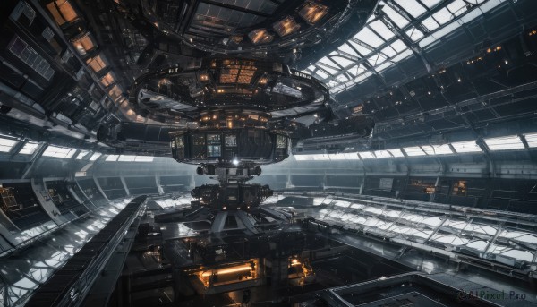 no humans,window,building,scenery,science fiction,stairs,cable,spacecraft,lights,train station,indoors,machinery,realistic,light,ceiling,ceiling light