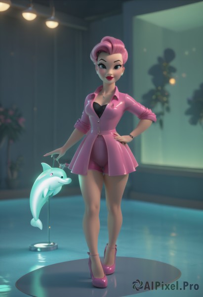 1girl,solo,breasts,looking at viewer,blush,smile,short hair,blue eyes,shirt,cleavage,jewelry,medium breasts,closed mouth,standing,collarbone,jacket,full body,pink hair,flower,multicolored hair,earrings,small breasts,shoes,shorts,indoors,dark skin,water,necklace,nail polish,blurry,black eyes,high heels,bracelet,two-tone hair,dark-skinned female,lips,fingernails,hand on hip,short shorts,eyelashes,pokemon (creature),makeup,buttons,blurry background,piercing,plant,lipstick,pink nails,pendant,sleeves rolled up,eyeshadow,reflection,pink footwear,red lips,stud earrings,eyeliner,pink jacket,undercut,sleeves pushed up,pink shorts,lights,heart,alternate costume,artist name,mole,thigh gap,pink dress,fish,asymmetrical hair,anklet,wristwatch,very short hair,aquarium