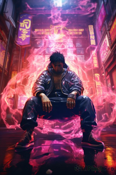 solo,looking at viewer,short hair,shirt,black hair,red eyes,1boy,jewelry,sitting,closed mouth,jacket,full body,male focus,boots,outdoors,open clothes,shoes,pants,spread legs,black footwear,blurry,bracelet,open jacket,black jacket,black shirt,blood,tattoo,night,glowing,black pants,ring,spiked hair,building,glowing eyes,smoke,blood on face,city,aura,neon lights,gloves,fingerless gloves,fingernails,squatting,dark-skinned male,wristband,sneakers,sleeves rolled up,cross-laced footwear,reflection,cigarette,smoking,arm tattoo,blood on clothes,chest tattoo,city lights,cyberpunk,reflective floor