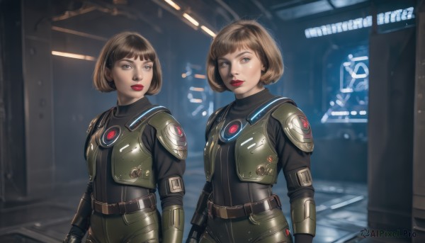 looking at viewer,short hair,bangs,multiple girls,brown hair,2girls,brown eyes,weapon,parted lips,belt,indoors,blunt bangs,armor,uniform,lips,looking to the side,bodysuit,makeup,bob cut,lipstick,science fiction,breastplate,red lips,blue eyes,black hair,upper body,black eyes,realistic,pilot suit