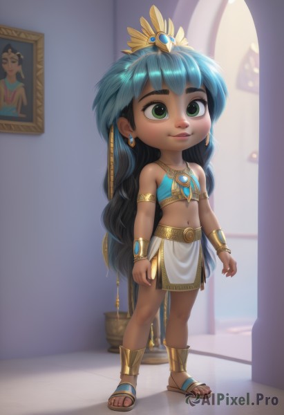 1girl,solo,long hair,smile,bangs,skirt,navel,bare shoulders,jewelry,very long hair,closed mouth,green eyes,blue hair,standing,full body,earrings,midriff,indoors,dark skin,necklace,flat chest,bracelet,dark-skinned female,lips,loli,toes,sandals,thick eyebrows,gem,child,armlet,realistic,anklet,female child,bracer,egyptian,black hair,hair ornament,green hair,shiny,crop top,arms at sides