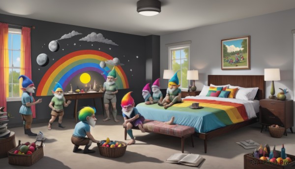 blonde hair,shirt,hat,sitting,multicolored hair,food,multiple boys,wings,glasses,shorts,barefoot,cloud,indoors,pillow,book,window,bed,fruit,colored skin,bird,chair,table,bottle,curtains,6+boys,apple,basket,lamp,bedroom,rainbow,rainbow hair,clown,vase,globe