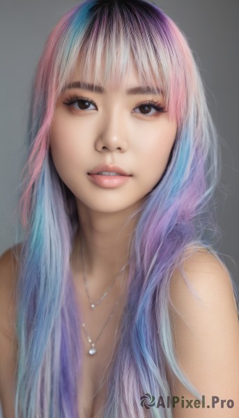 1girl,solo,long hair,breasts,looking at viewer,bangs,simple background,cleavage,brown eyes,jewelry,medium breasts,blue hair,upper body,pink hair,nude,multicolored hair,parted lips,teeth,grey background,necklace,black eyes,two-tone hair,lips,eyelashes,gradient hair,realistic,nose,black hair,purple hair,makeup