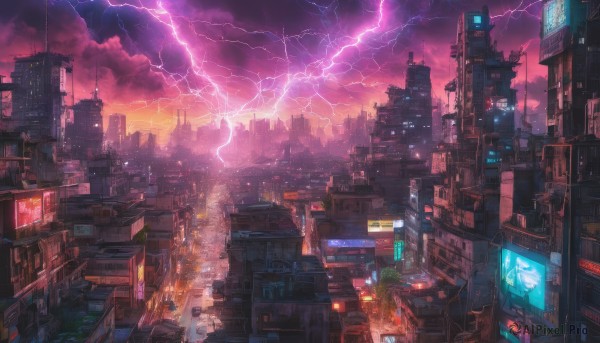 outdoors, sky, cloud, no humans, cloudy sky, building, scenery, science fiction, city, cityscape, skyscraper, lightning, city lights, neon lights