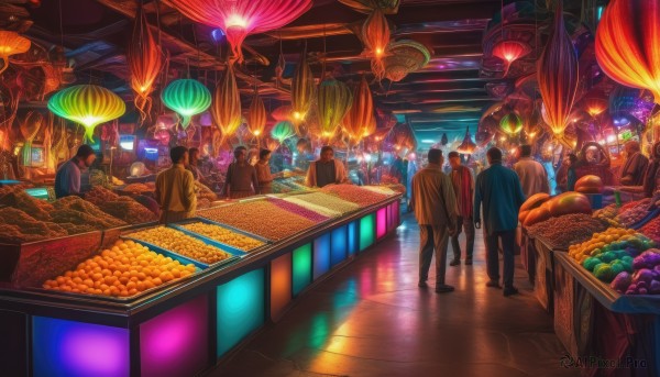 multiple girls,standing,food,multiple boys,indoors,bag,6+girls,table,scenery,walking,6+boys,fantasy,mushroom,old,crowd,shop,stage,6+others,aquarium,hat,from behind,coat,night,fruit,glowing,science fiction,lantern,city,multiple others,people,corn