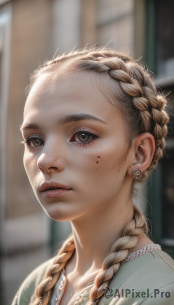 1girl,solo,long hair,looking at viewer,blonde hair,brown hair,brown eyes,jewelry,upper body,braid,earrings,parted lips,necklace,mole,blurry,twin braids,lips,eyelashes,depth of field,blurry background,portrait,hair over shoulder,freckles,realistic,nose,artist name,watermark,piercing,sunlight,multiple braids