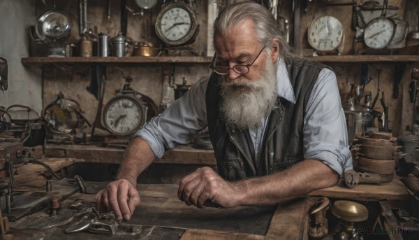 solo,shirt,1boy,sitting,closed mouth,closed eyes,white shirt,upper body,weapon,white hair,grey hair,male focus,glasses,collared shirt,sword,indoors,vest,facial hair,scar,table,bottle,knife,beard,sleeves rolled up,black-framed eyewear,watch,black vest,realistic,round eyewear,mustache,clock,old,hammer,old man,shelf,pocket watch,jar,roman numeral,counter,wooden table,cup,dress shirt,manly,tools