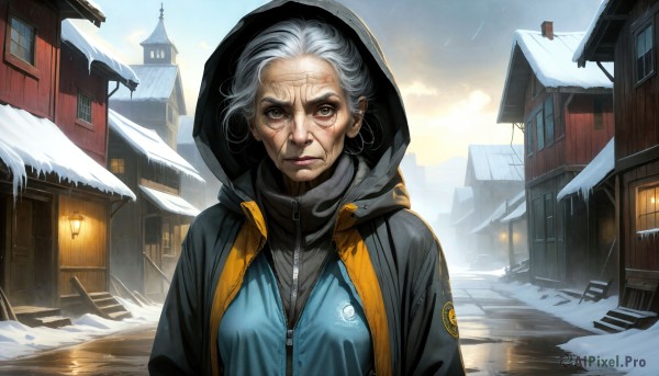 HQ,1girl,solo,breasts,looking at viewer,short hair,brown eyes,closed mouth,jacket,upper body,white hair,grey hair,outdoors,open clothes,sky,hood,lips,coat,hoodie,scar,building,hooded jacket,snow,hood up,zipper,snowing,realistic,nose,house,old,winter,old man,old woman,day,cloud,black jacket,window,makeup,rain,lamppost,wrinkled skin