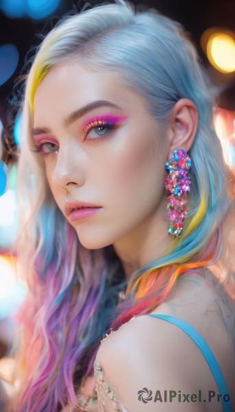 1girl,solo,long hair,looking at viewer,blue eyes,blonde hair,jewelry,closed mouth,blue hair,upper body,pink hair,purple hair,multicolored hair,earrings,blurry,from side,two-tone hair,lips,see-through,grey eyes,eyelashes,gradient hair,makeup,lipstick,gem,portrait,eyeshadow,pink lips,realistic,nose,eyeliner,mascara,rainbow hair,bare shoulders,parted lips,artist name,streaked hair,looking to the side,depth of field,watermark,wavy hair,close-up,forehead