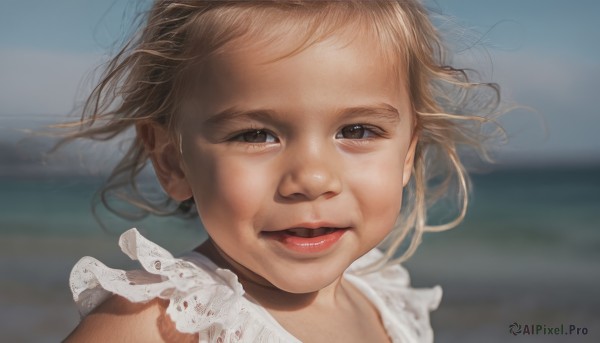 1girl,solo,looking at viewer,smile,short hair,open mouth,brown hair,brown eyes,outdoors,parted lips,teeth,day,blurry,lips,floating hair,depth of field,blurry background,ocean,wind,portrait,forehead,realistic,red lips,blonde hair,sky,sleeveless,messy hair,close-up