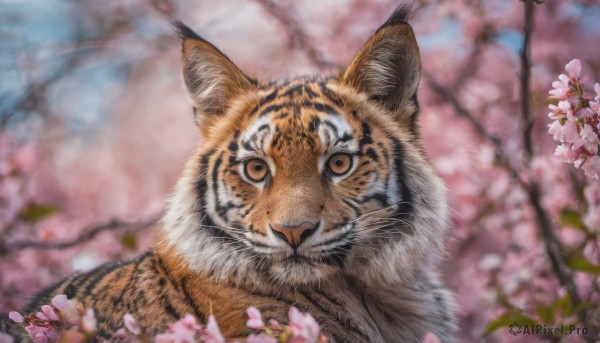 looking at viewer, outdoors, blurry, tree, no humans, depth of field, blurry background, animal, cat, cherry blossoms, realistic, branch, animal focus, tiger, spring (season)