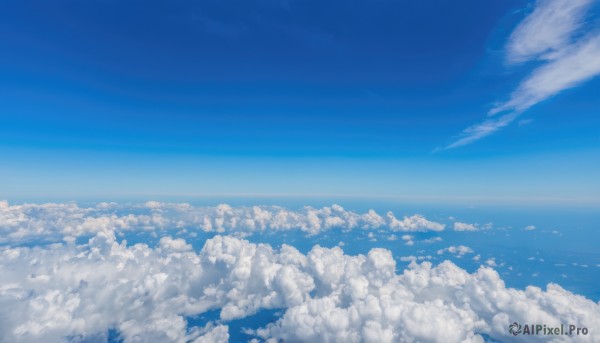 monochrome,outdoors,sky,day,cloud,blue sky,dutch angle,no humans,bird,ocean,cloudy sky,scenery,blue theme,horizon,landscape,above clouds,water