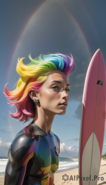 1girl,solo,short hair,blue eyes,blonde hair,holding,jewelry,blue hair,upper body,pink hair,multicolored hair,earrings,outdoors,parted lips,sky,day,cloud,water,two-tone hair,lips,bodysuit,ocean,beach,piercing,multicolored clothes,personification,freckles,realistic,nose,sand,stud earrings,looking afar,rainbow,surfboard,rainbow hair,breasts,green hair,makeup,dirty,soccer uniform